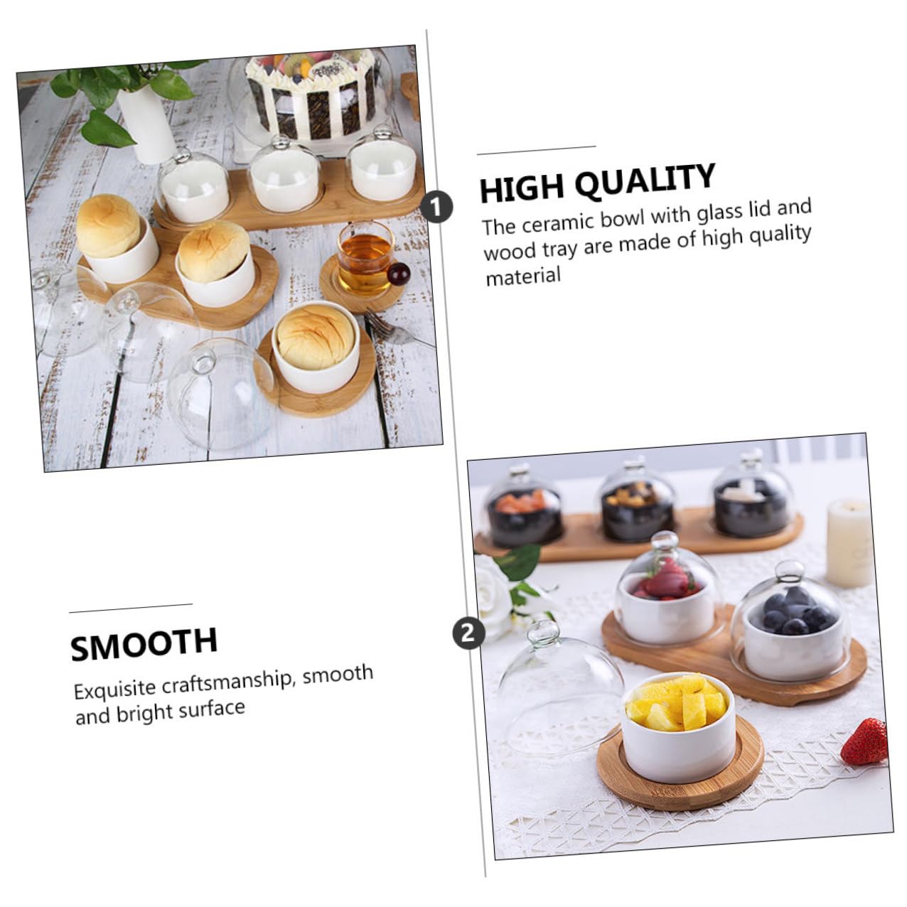 SOLUSTRE 2 Juegos Bol de Elegante para Servir Postres y Ensaladas con Superficie Lisa y Fácil Limpieza para Restaurante y Hogar Incluye Tapa Transparente y Bandeja
