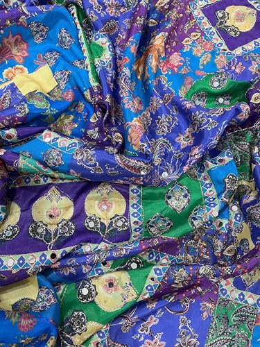 Image of MUNIR Women's Soft Chinon Silk Kalamkari Printed Saree with Mirror Work & Hand Embroidery, Multi Color Designer Saree with Blouse Piece