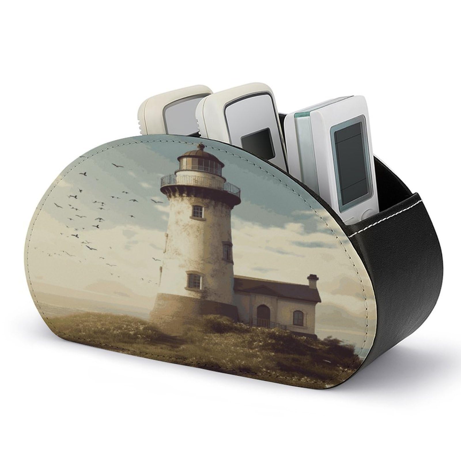 LZQPOEAS Old Lighthouse Remote Control Holder with 5 Compartments PU Leather Remote Organizer Box Caddy for Table Nightstand Remote Caddy Desktop Organizer Fits Media Controllers