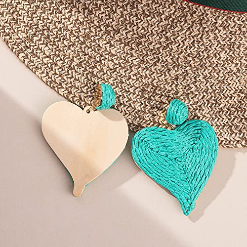 Statement Boho Earrings Heart Raffia Wrap Earrings Cute Handmade Dangle Earrings Colorful Bohemian Drop Dangling Earrings For Women Teen Girls(Turquoise Blue) #TOP4