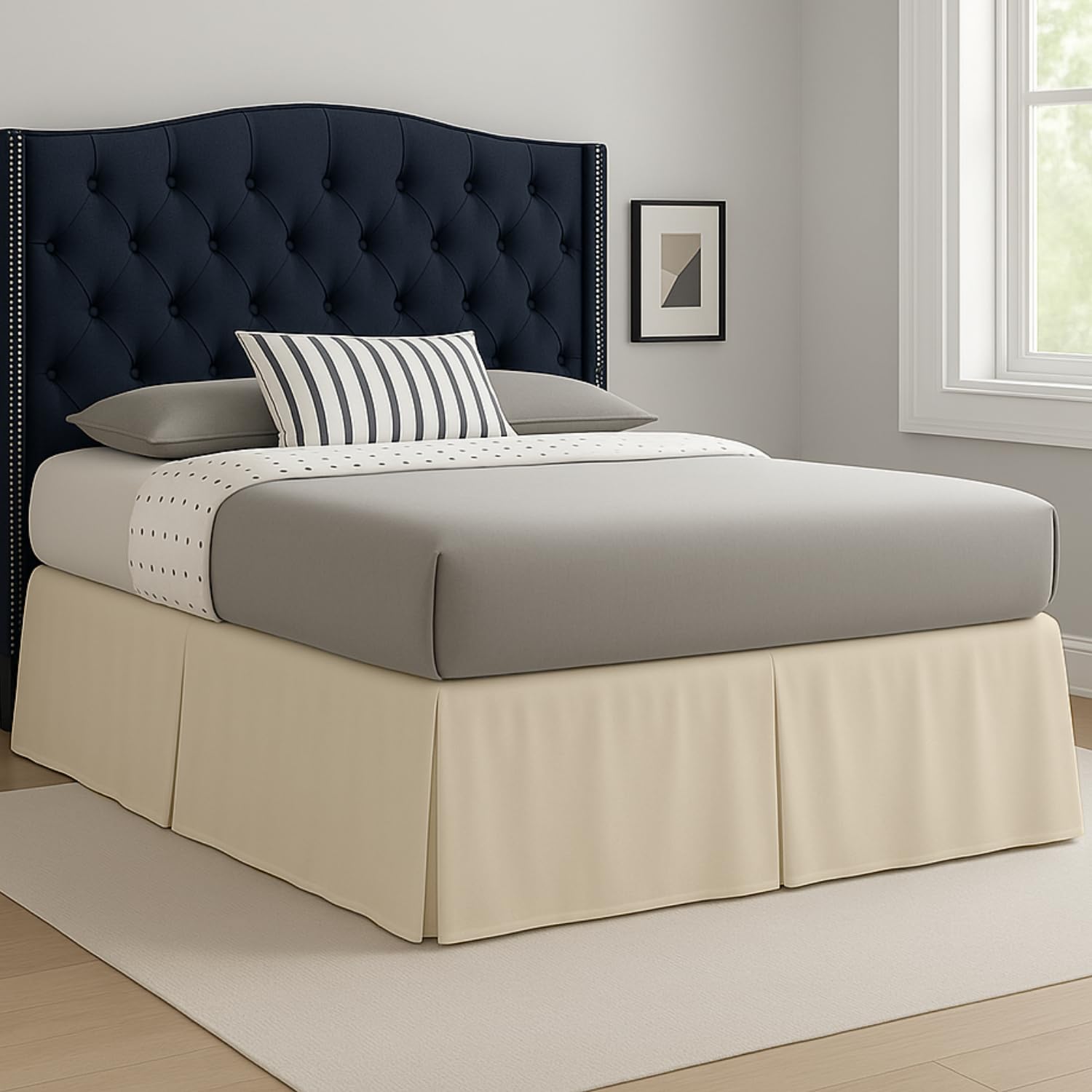 Laam Linen Cream Easy Care Plain Dyed Polycotton Pleated Base Valance Sheet Hotel Quality Bedding Sets (, Single)