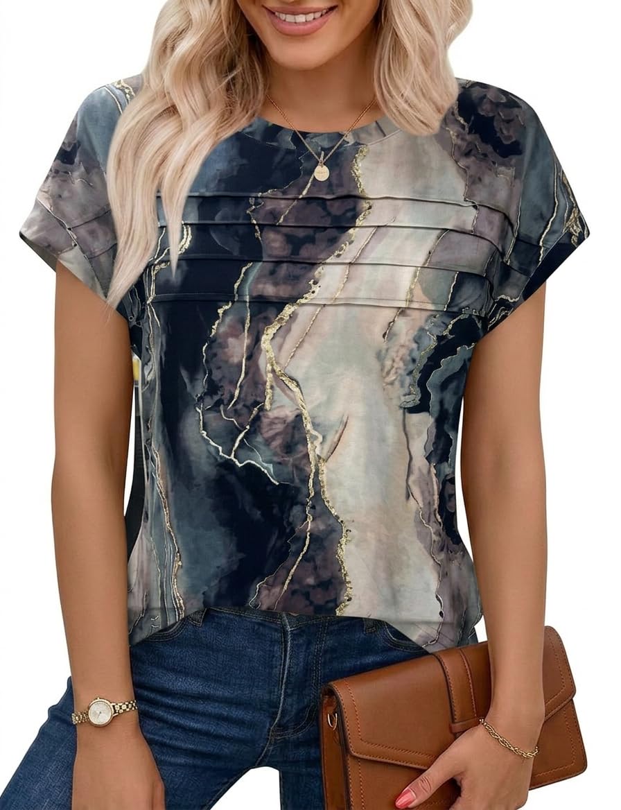 Chicrise Tshirts Women UK Cap Sleeve Crew Neck Pleated Vest Tops Basic Solid Color Loose Blouses Black Tie Dye X-Large 20-22 XL