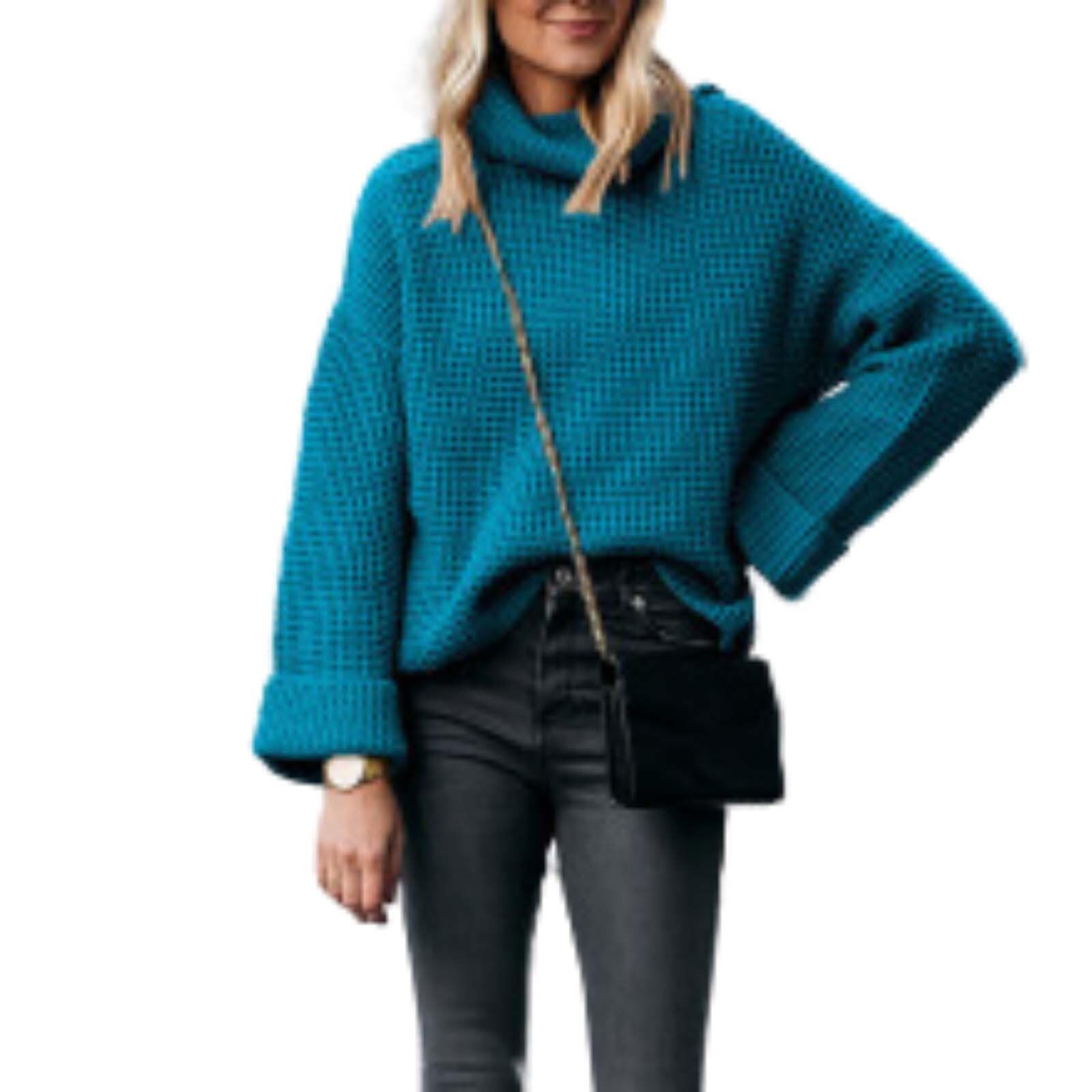 Womens Turtleneck Long Sleeve Sweaters Casual Loose Chunky Cable Knit Off Shoulder Pullover Outwear Tops