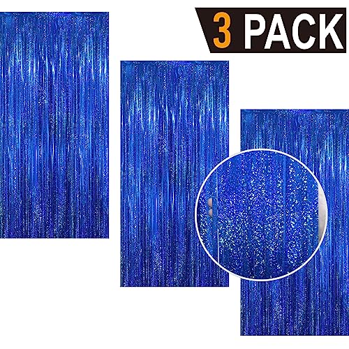 Image of GOER 3.2 ft x 8.2 ft Metallic Tinsel Foil Fringe Curtains Party Photo Backdrop Party Streamers for Birthday,Graduation,New Year Eve Decorations Wedding Decor(3 Packs,Shiny Blue)