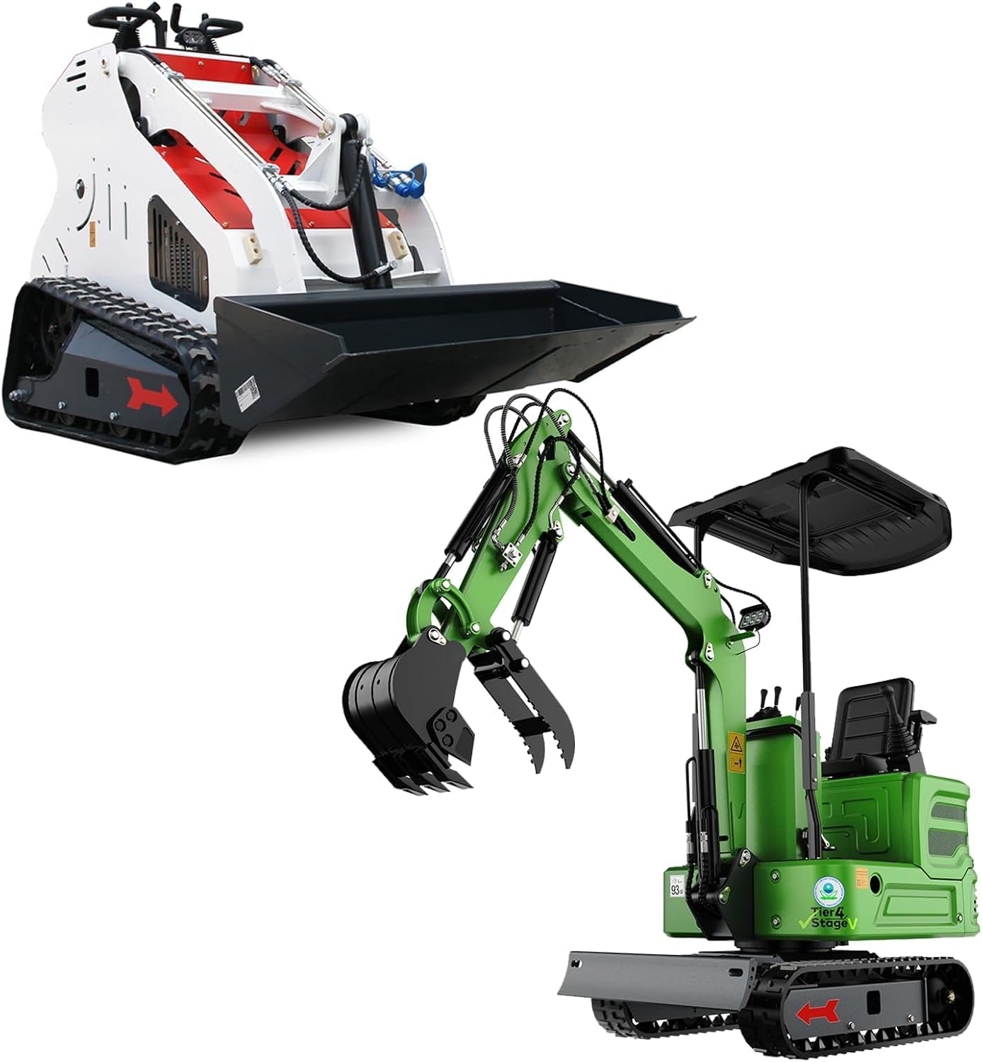 1.2 Ton Mini Excavator Pilot Control B&S Gasoline With Hydraulic Thumb Clamp and Stand-On Skid Steer Loader Package - Small Digging and Loading Equipment for Home and Garden Projects