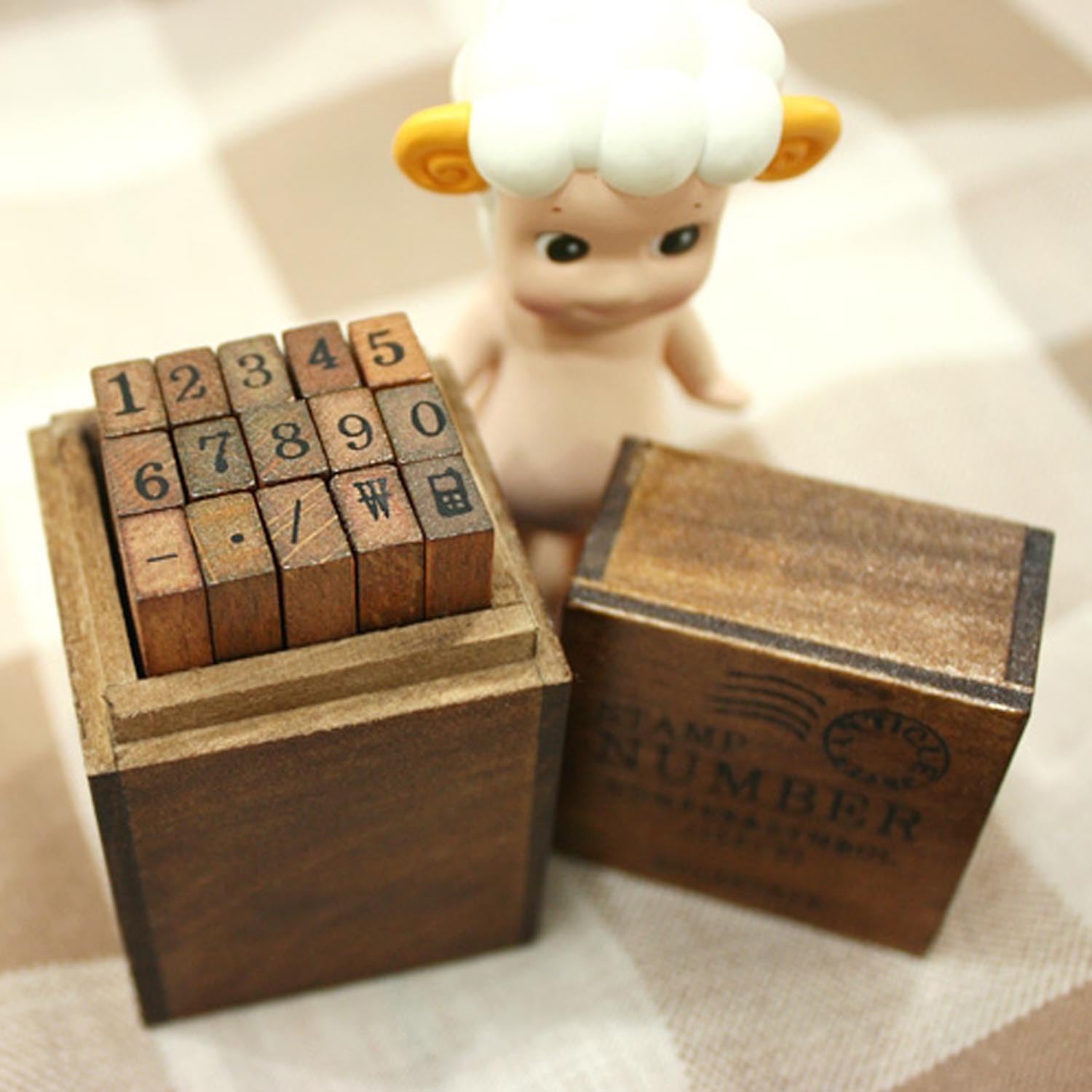 DEAD SKIN Number and Symbol Stamp Set, 15 Mini Rubber Stamps in Compact Wooden Box, Portable Vintage Style