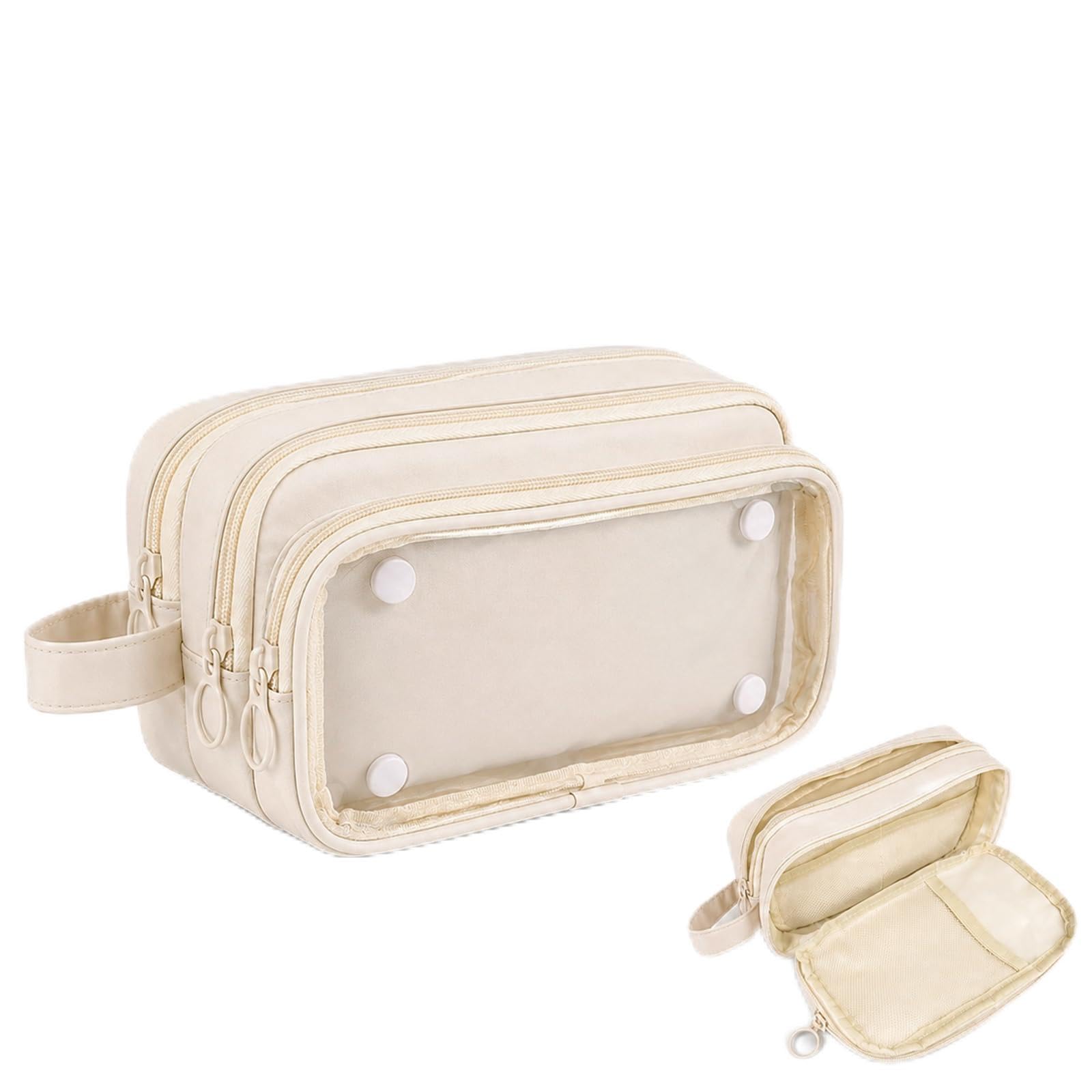 Large Capacity Pencil Case with 3 Compartments, Exam-Friendly Pencil Pouch with Detachable Clear Pocket & Handle, Stationery Case for School Office Includes 2 A7 Notebooks & 3 Binder Clips (Off-white)