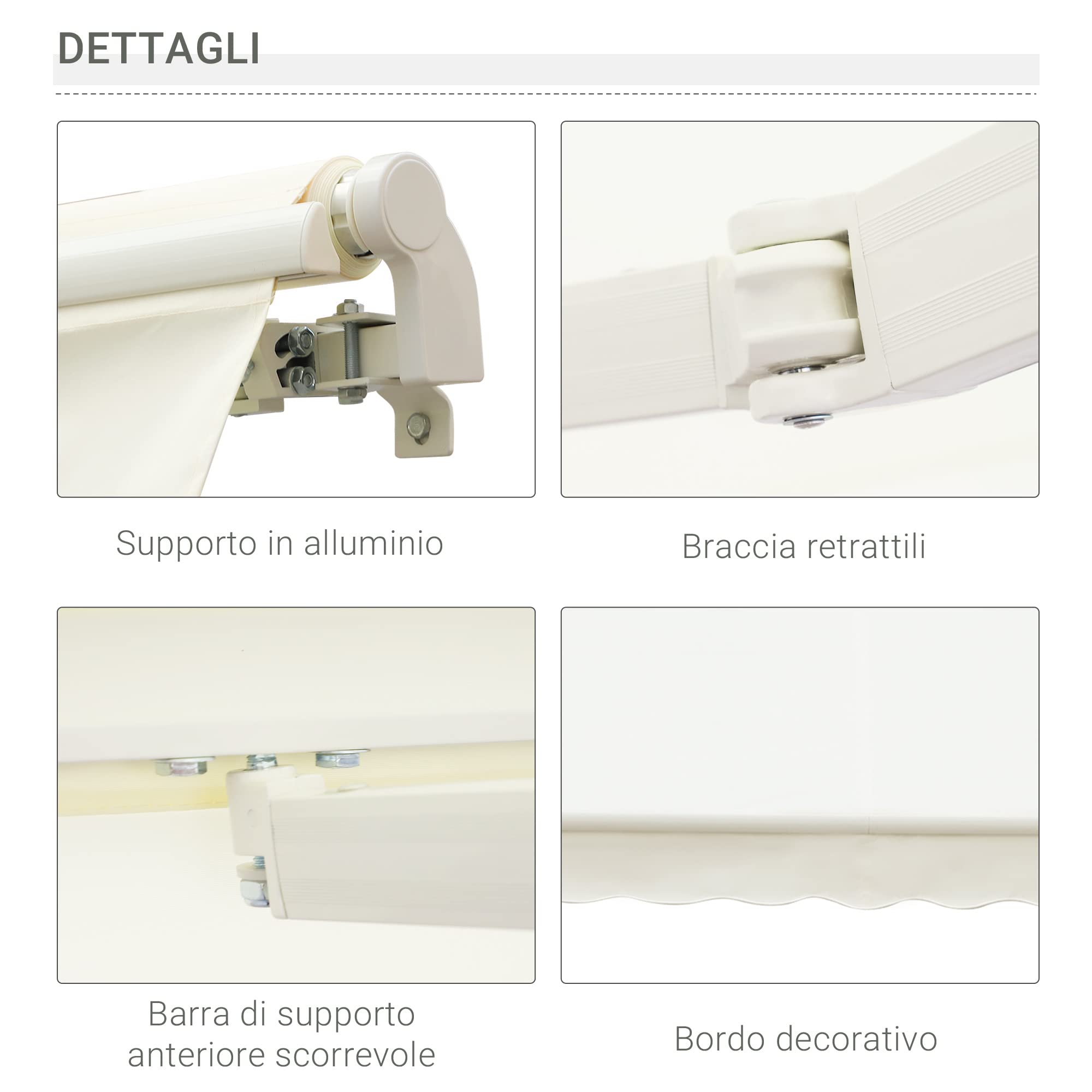Outsunny Tenda da Sole Avvolgibile a Caduta Manuale 295x245cm Bianco Alluminio Poliestere Anti-UV
