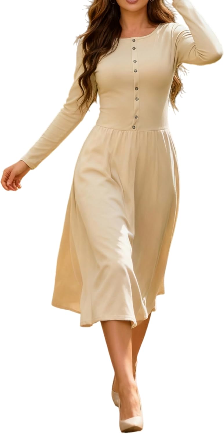 Womens  Spring Long Sleeve Knit Button A Line Swing Flare Dress with Pockets