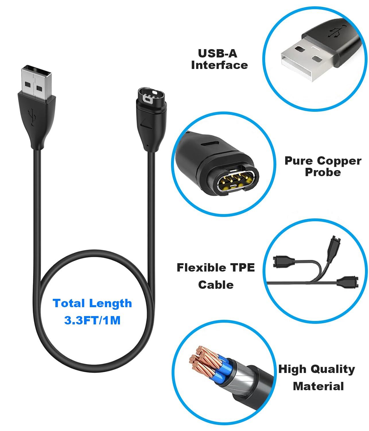 Chargeur Cable Compatible avec Garmin Venu/Venu 2/Venu 2S/Venu SQ 2/VenuSQ/Vivoactive 3, Garmin Fenix 6 6S 6X Pro, 5 5S 5X Plus, 7 7S 7X, 3.3ft Câble de Charge (Noir)