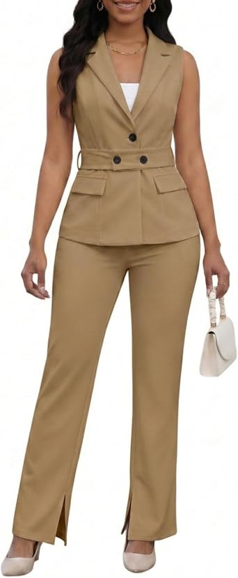 kaimimei Womens Suits 2 Piece Set Business Dressy Sleeveless Vest and Slit Pants Casual Office Work Outfits with Pockets