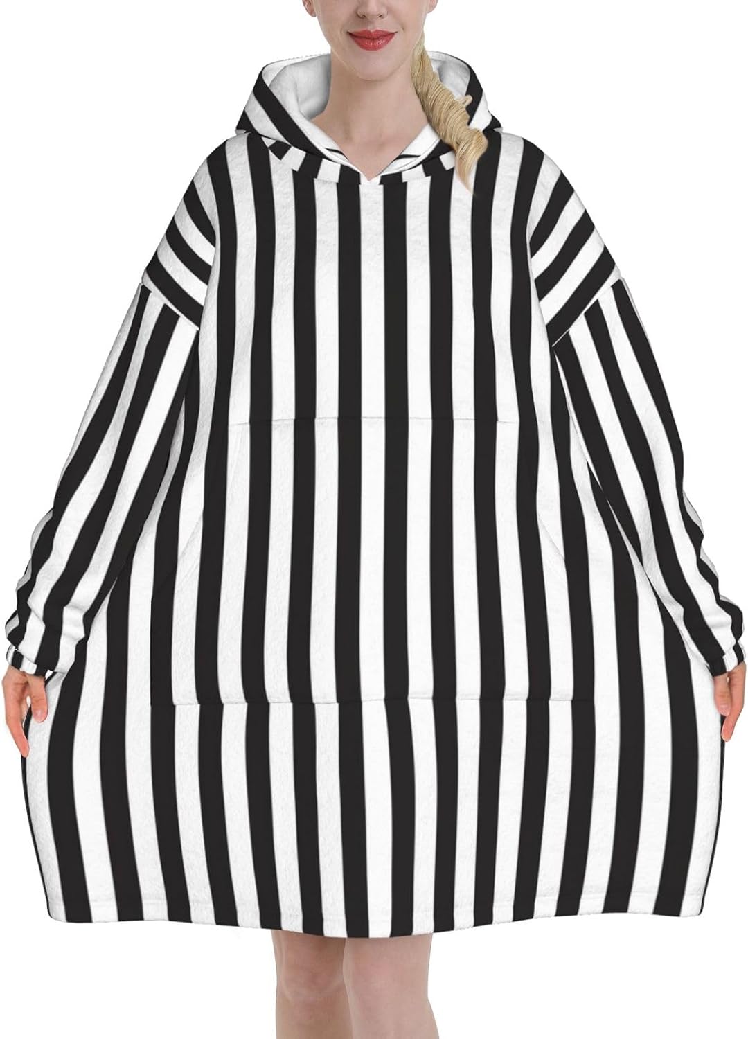 MUSM Black & White Stripe Print Blanket Hoodie Fleece Sweatshirt Blanket With Sleeves And Pockets