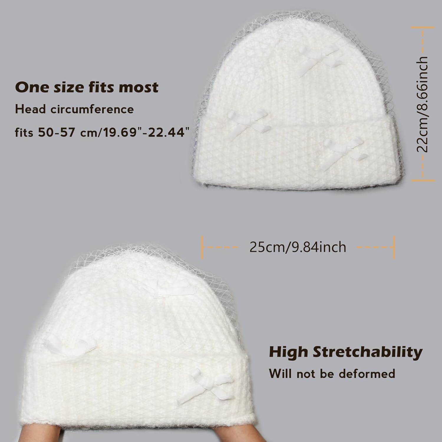 Winter Knit Beanie Hat for Women Warm Knit Cuffed Skull Caps with Veil Bowknot Soft Warm Ski Hat