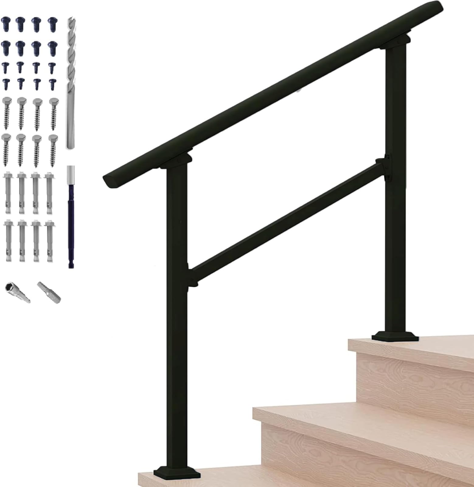 Hand Rail for Outdoor Steps, 3 Step Stair Handrail & Indoor Stair Handrail Kit, Black Handrail for Outdoor Steps, Porch Seniors Handrail (3 Steps)