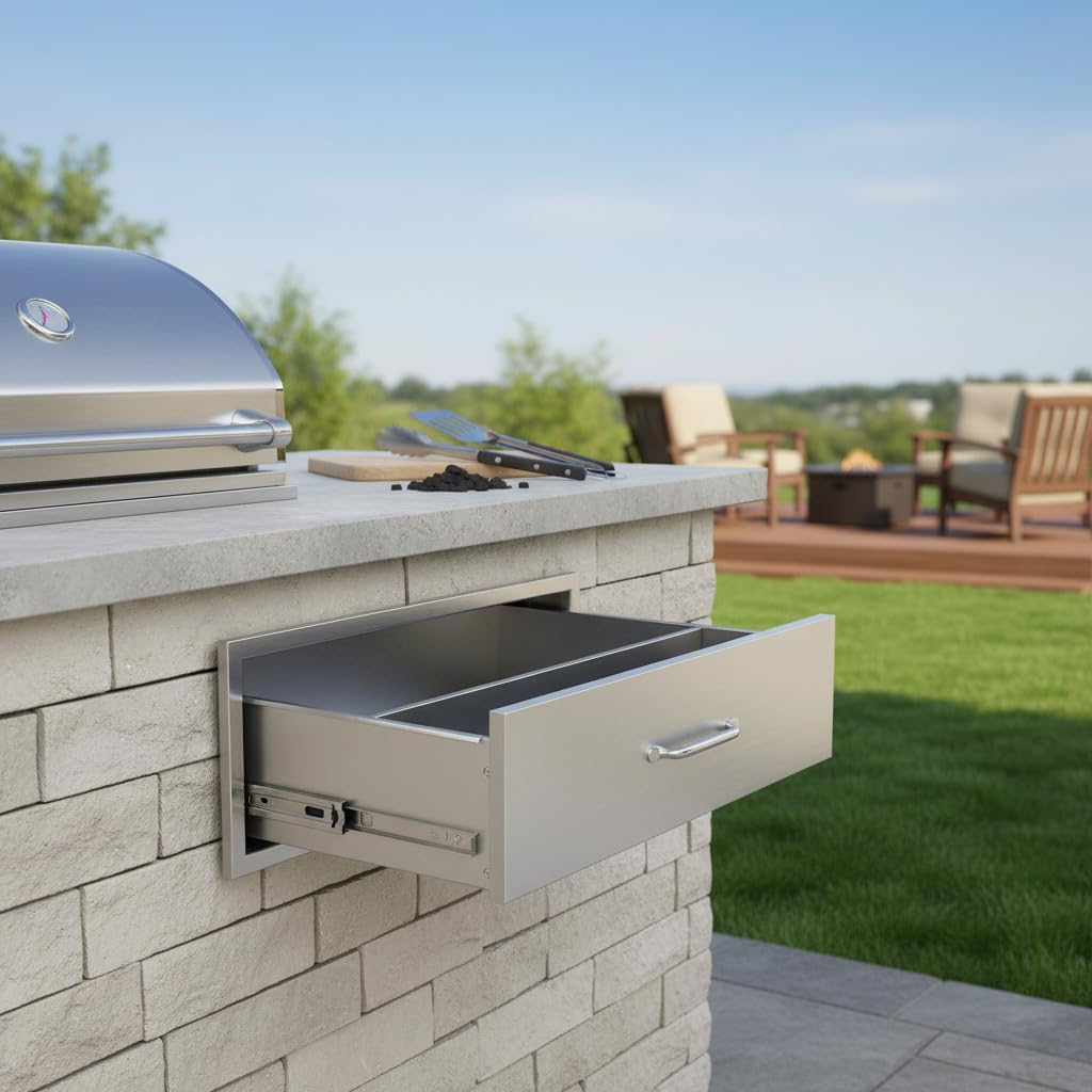 17" W x 18" D x 24" H Outdoor Kitchen Drawers Stainless Steel, Flush Mount Triple Access BBQ Drawers with Handle, Venting Panel Weatherproof for Kitchen Island Patio, Grill Station
