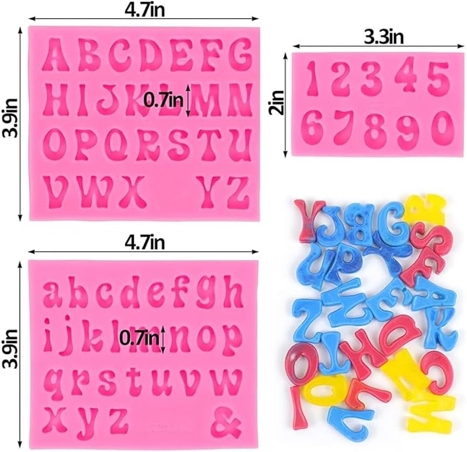 Silicone Letter and Number Molds Set, Pink, Uppercase Lowercase Alphabet and Numbers 0-9, 3 Pack Baking Fondant Molds