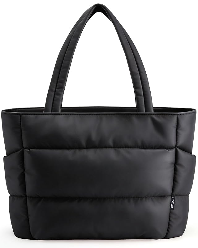 HOTOR Puffer Tote Bag for Women Nurses - Multi-Pocket Lightweight Bag for Work - Quilted Handbag for Travel