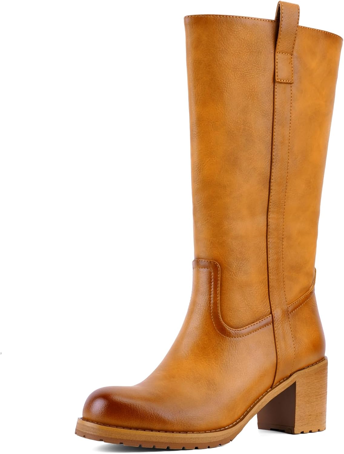 Women's Knee-High Boots Round Toe Mid Calf Chunky Block Low Heel Pull on Soft Leather,with Comfortable or Fall Winter Fashion