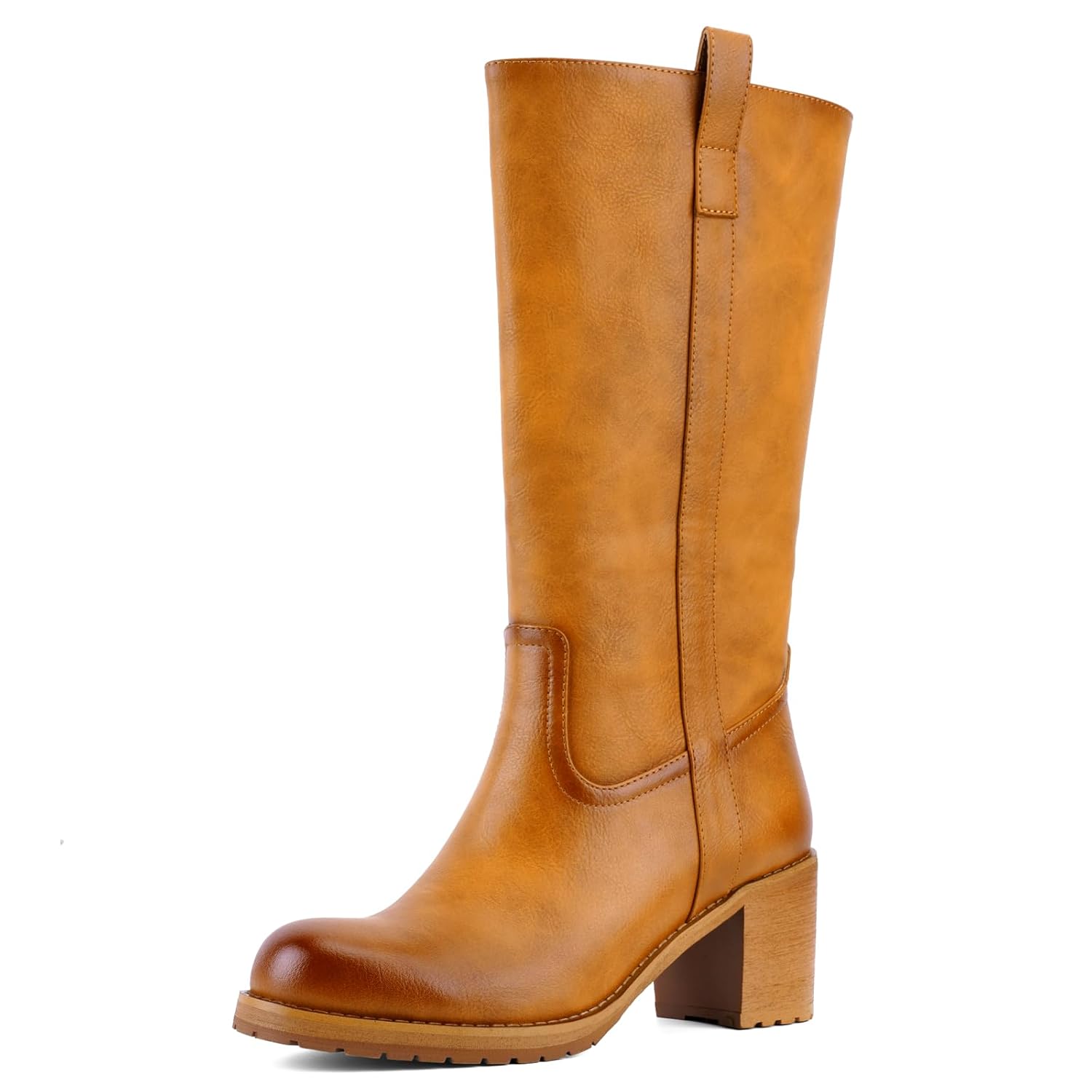 Chunky Block Heel Knee High Boots for Women Pull on Round Toe Boots with Comfortable Low Heel Soft