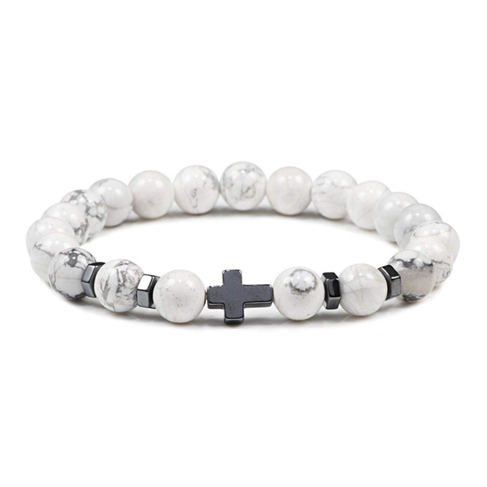 MOO&LEE Bracciale Con Perline E Croce – 8 Mm, Elastico, Unisex, Lunghezza 17,8 Cm – Con Sacchetto Regalo In Velluto