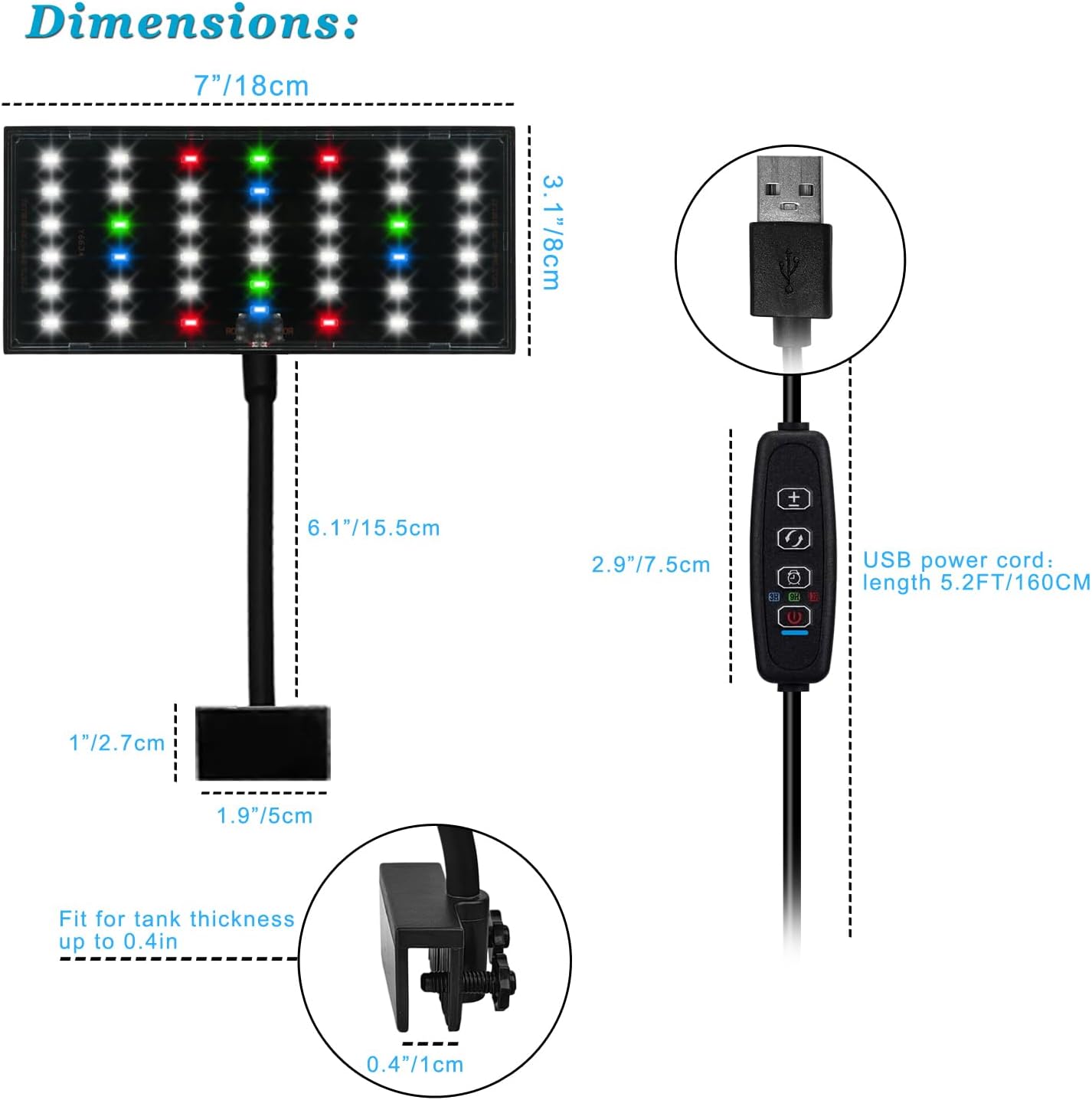DOMICA Clip On Aquarium Light with Timer for 3 to 8 Gal Fish Tank (Dimmable Full Spectrum LED) USB Moving Lamp for Open Terrarium (Adapter NOT Included), Black, DM-USBLIGHT+T02