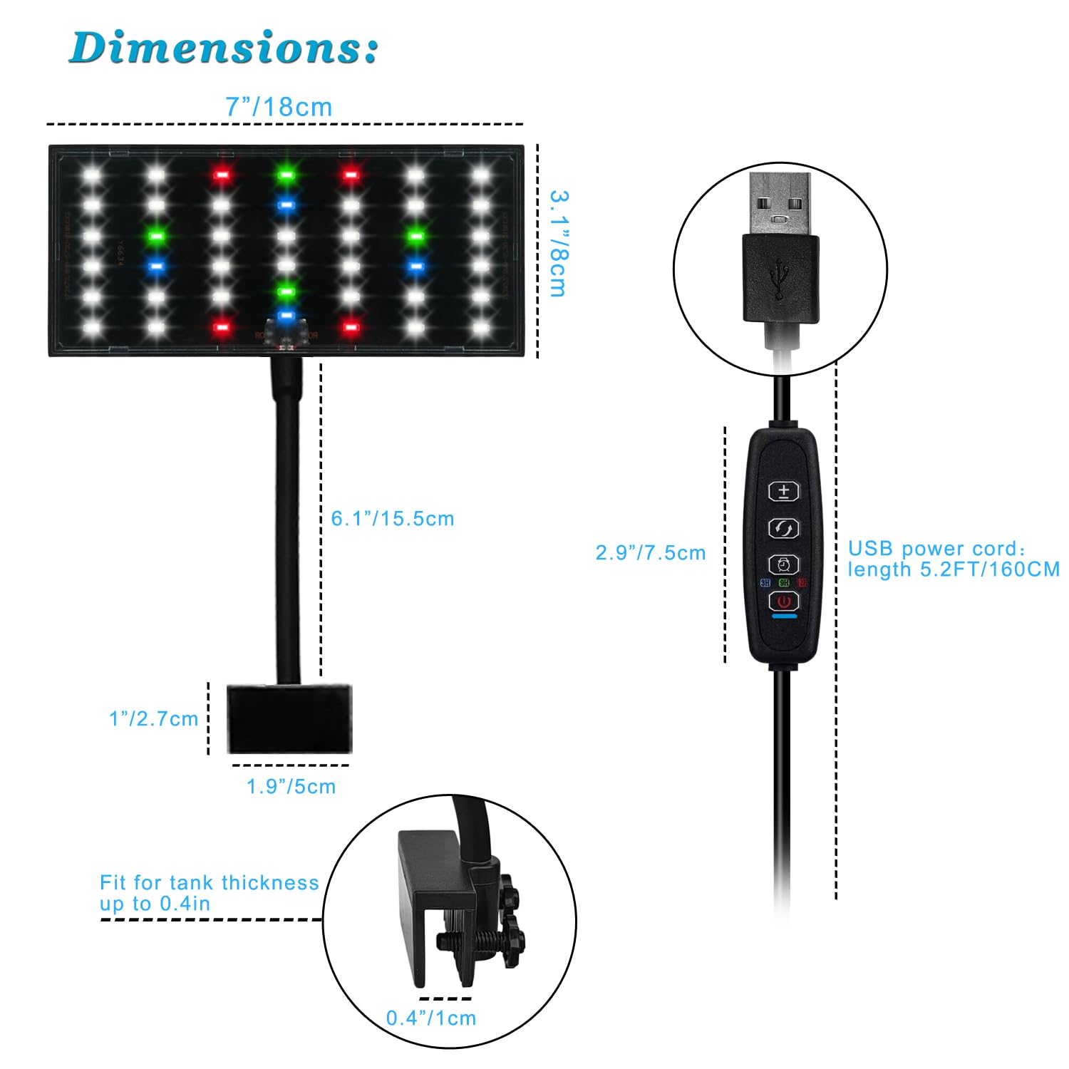 DOMICA Luz de acuario con clip con temporizador para acuario de 1,9 a 2,7 l (LED de espectro completo regulable), lámpara móvil USB para terrario abierto (adaptador no incluido)