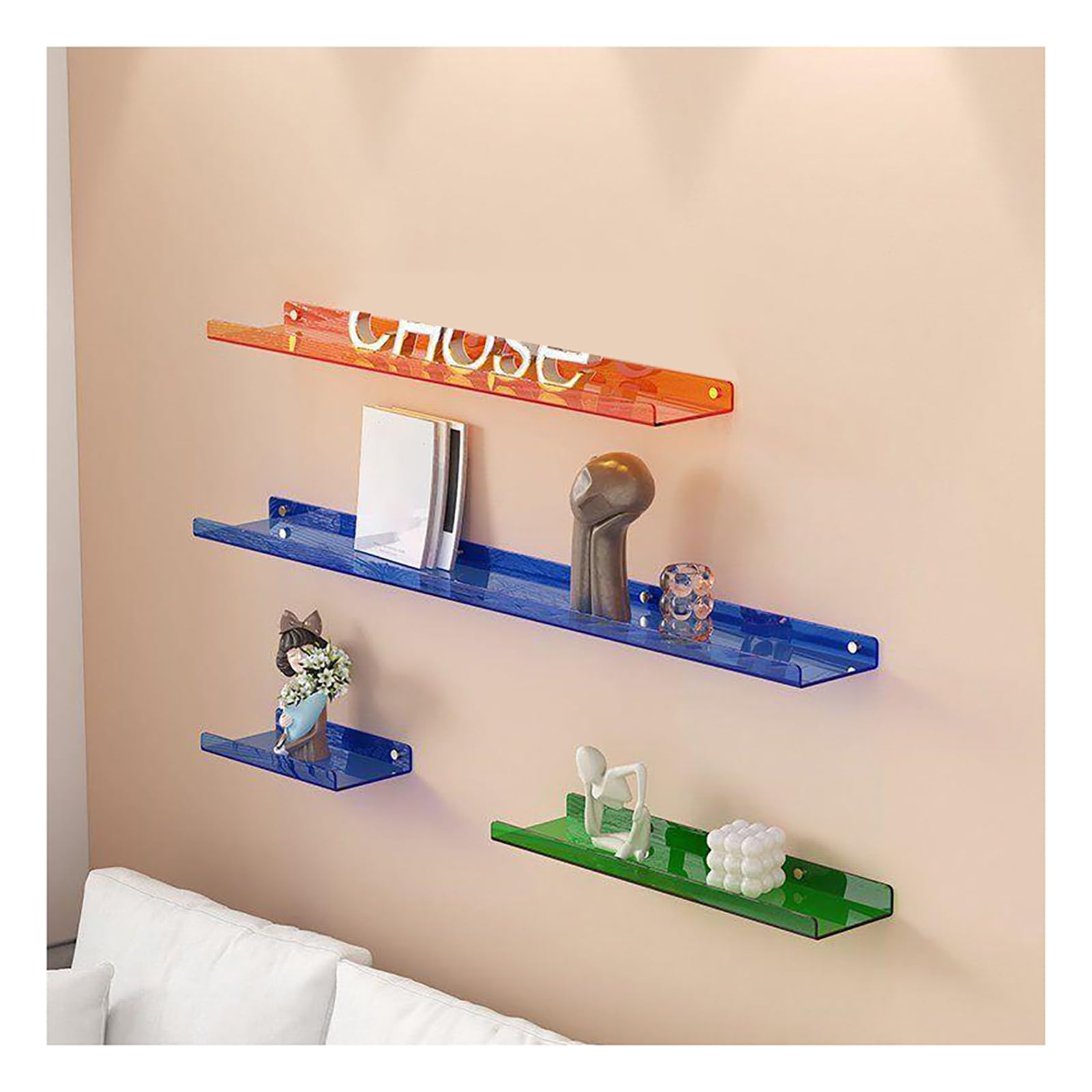 Paquete de 4 estantes flotantes de acrílico transparente para juegos y discos de vinilo, estante de exhibición montado en la pared para baño y cocina (azul 30 cm/120 cm ge 90 cm verde 60 cm)
