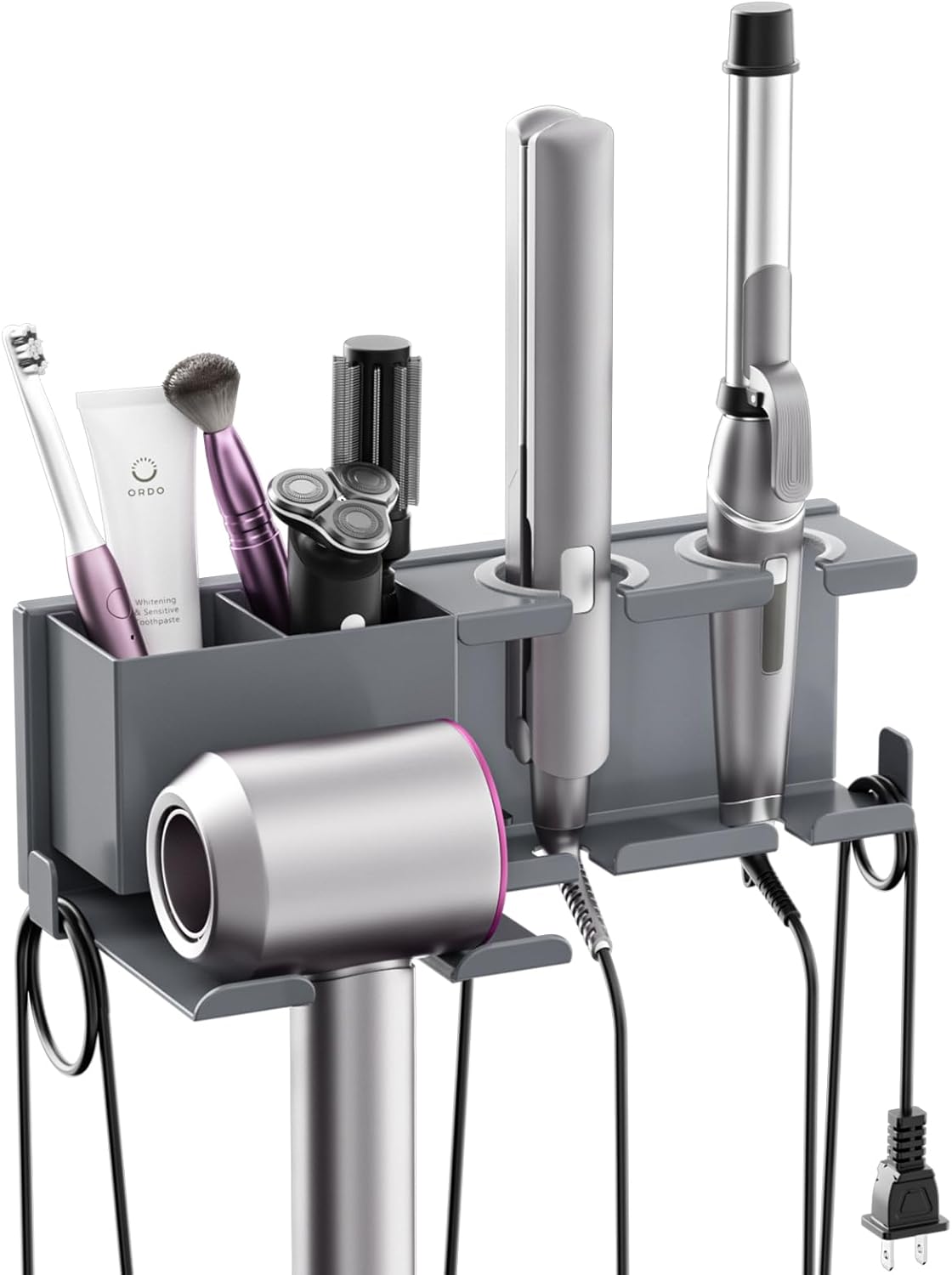 YSD Hair Dryer Holder Wall Mounted, Metal Hair Tools Organizer, Hair Dryer Holder for Blow Dryer, Curling Iron, Straightener, 3 in 1 Bathroom Hair Tool Organizer, Grey