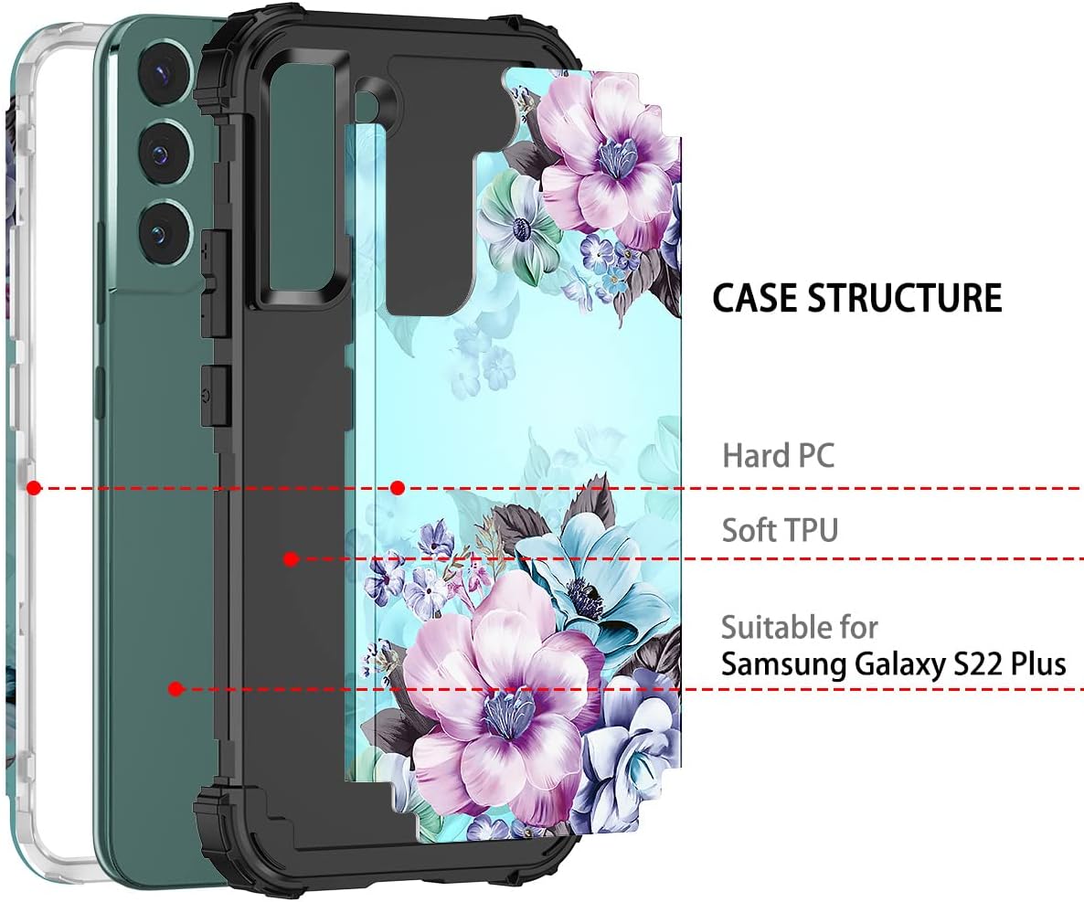 Casetego Compatible with Galaxy S22 Plus 5G Case,Floral Three Layer Heavy Duty Sturdy Shockproof Full Body Protective Cover Case for Samsung Galaxy S22 Plus 5G,Blue Flower