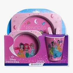 Zonacriativa – Kit Alimentação Infantil Princesas Disney | Prato, Bowl 350ml, Copo 250ml e Talheres em Fibra de Bambu e Melamina | Refeições Divertidas e Seguras para Crianças