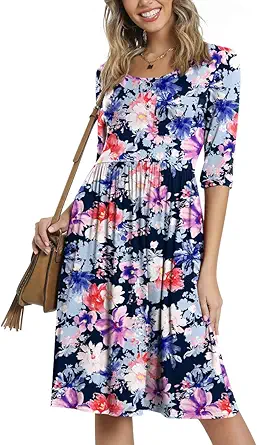 CATHY Women's 3/4 Sleeve 2023 Casual High Waist Round Neck Midi Dress with Pockets