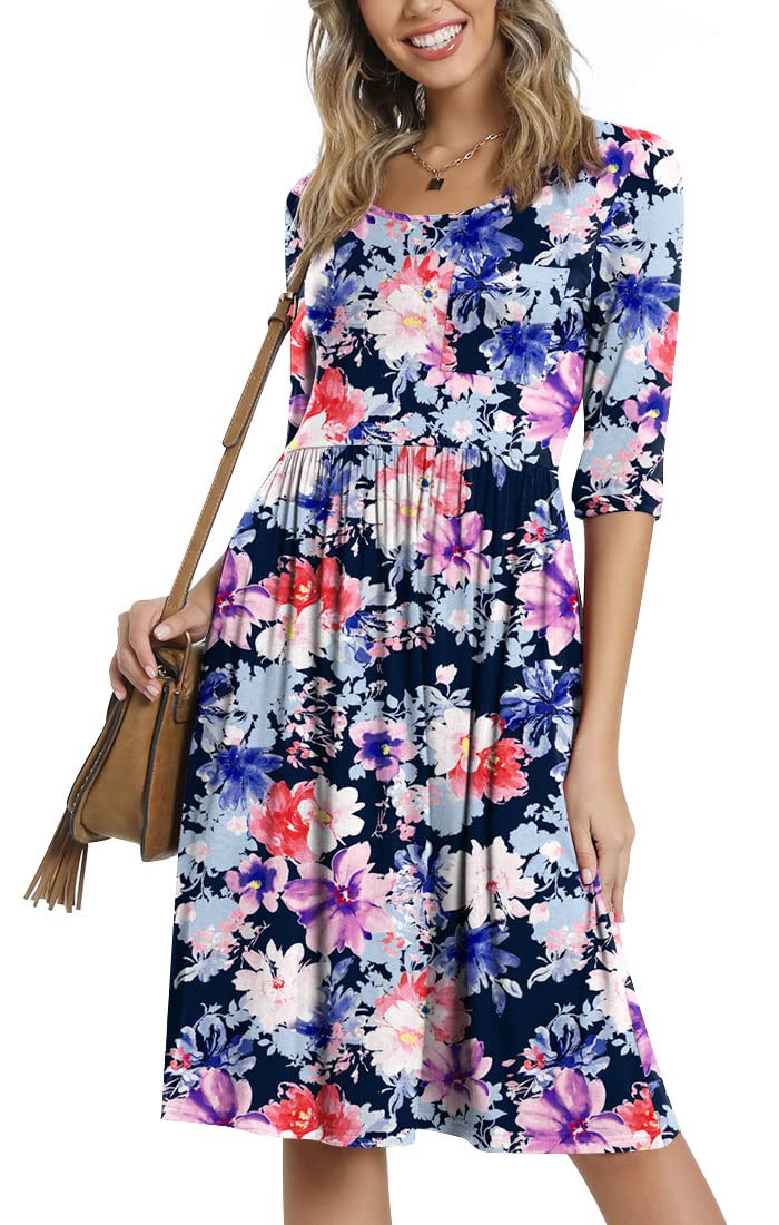 CATHY Women's 3/4 Sleeve 2026 Casual High Waist Round Neck Midi Dress with Pockets