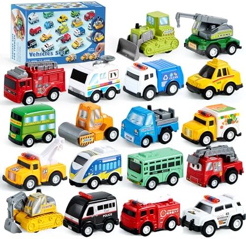 18 Pcs Pull Back City Cars and Trucks Toy Vehicles