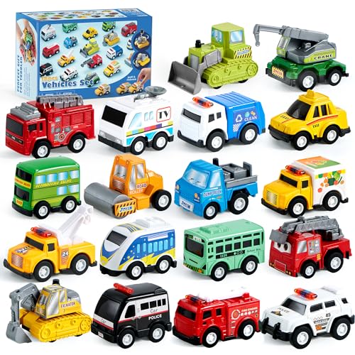 JOYIN 18 Pcs Pull Back City Cars and Trucks Toy Vehicles Set, Friction Powered Cars Toys for Toddlers, Boys, Girls’ Educational Play, Kids Stocking Stuffers, Easter Basket Stuffers