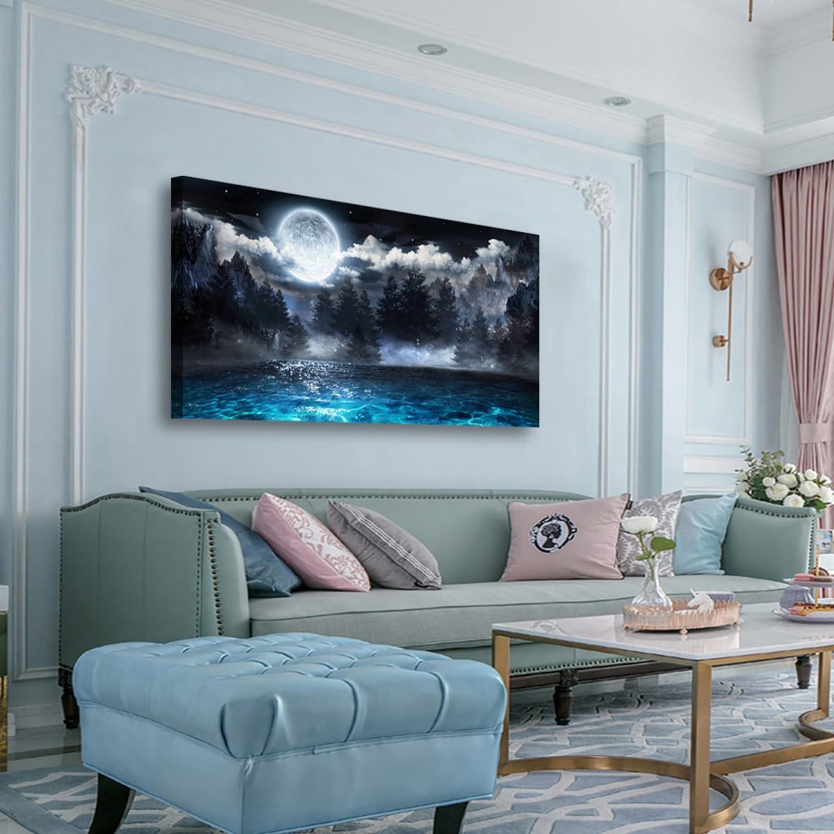 Moon Ocean Pictures Canvas Wall Art for Living room Office Bedroom Wall Decor,Ocean Wall Art Print Paintings Modern Mystery Cloud Forest Blue Lake Artwork Waterproof Ready to Hang-20x40inch - Image 3