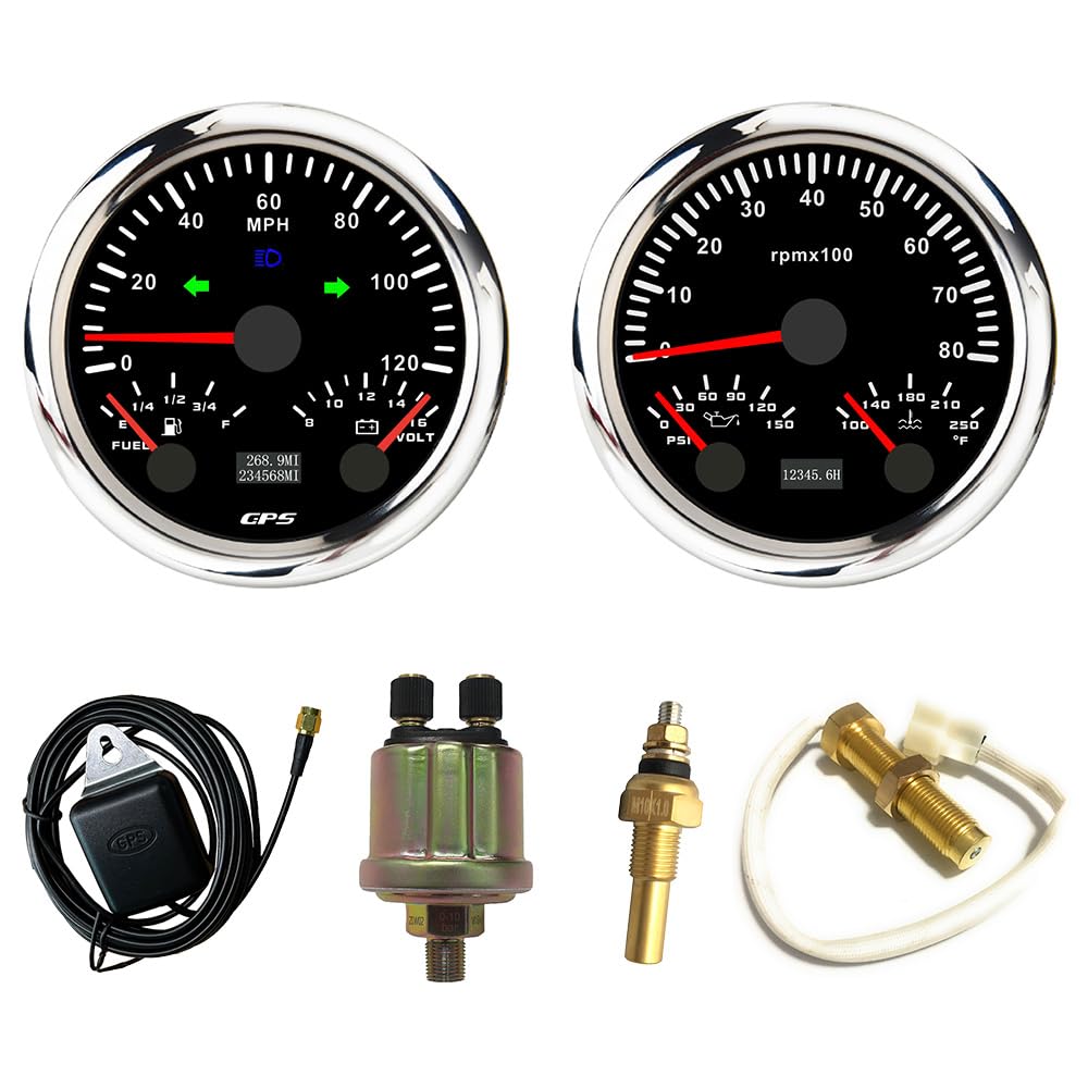 ELING 85mm 2 Gauge Set Speedometer 120MPH GPS Tachometer 8000RPM Fuel Level Water Temp. 100-250℉ Oil Pressure 0-150PSI Voltmeter with Sensor 7 Colors Backlights 12V for Tractor Van Boat