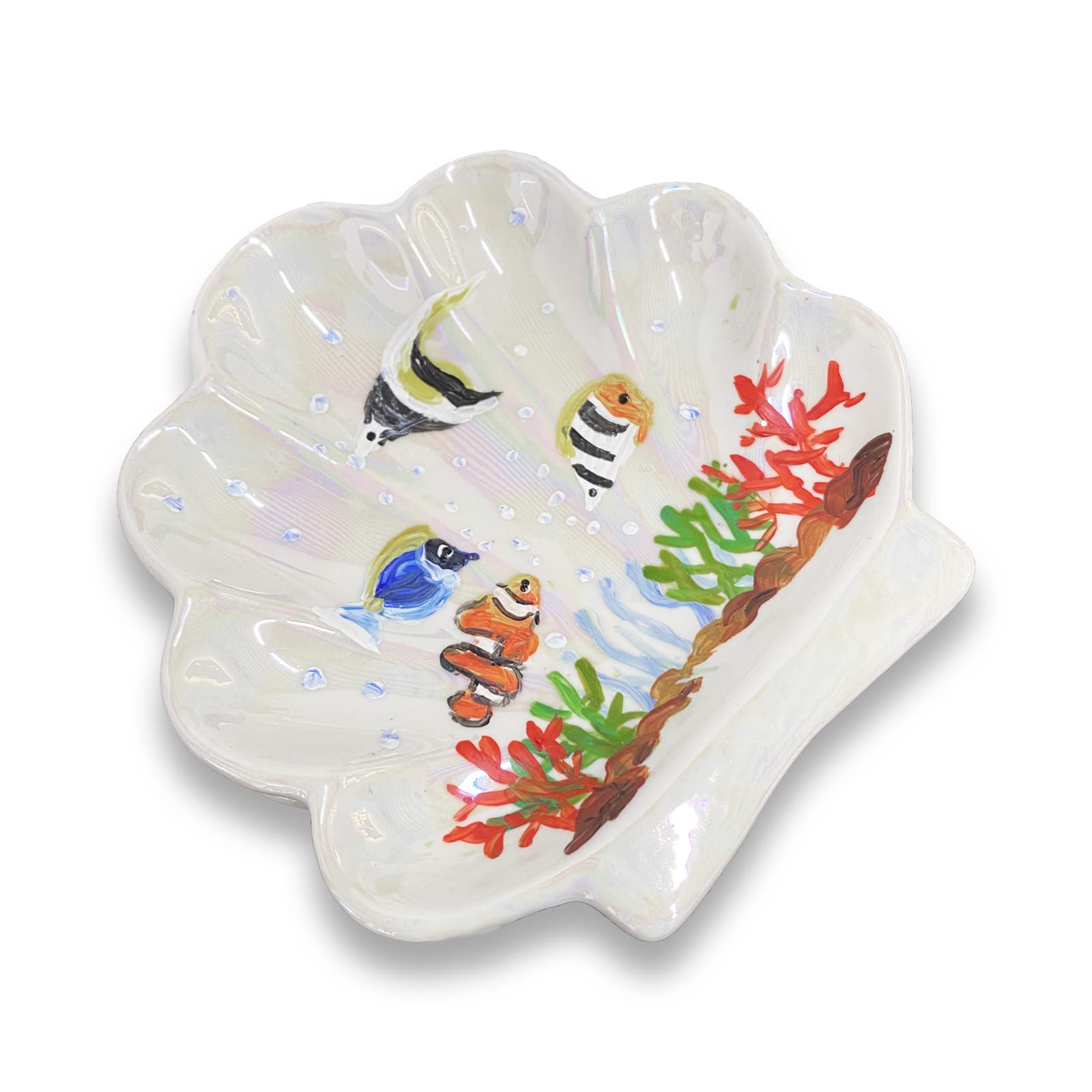 Small Ceramic Shell Jewelry Dish Tray, Shell Ring Dish Holder, Seashell Trinket Dish Tray with Cute Hand-Printed Pattern (Sea Fish)