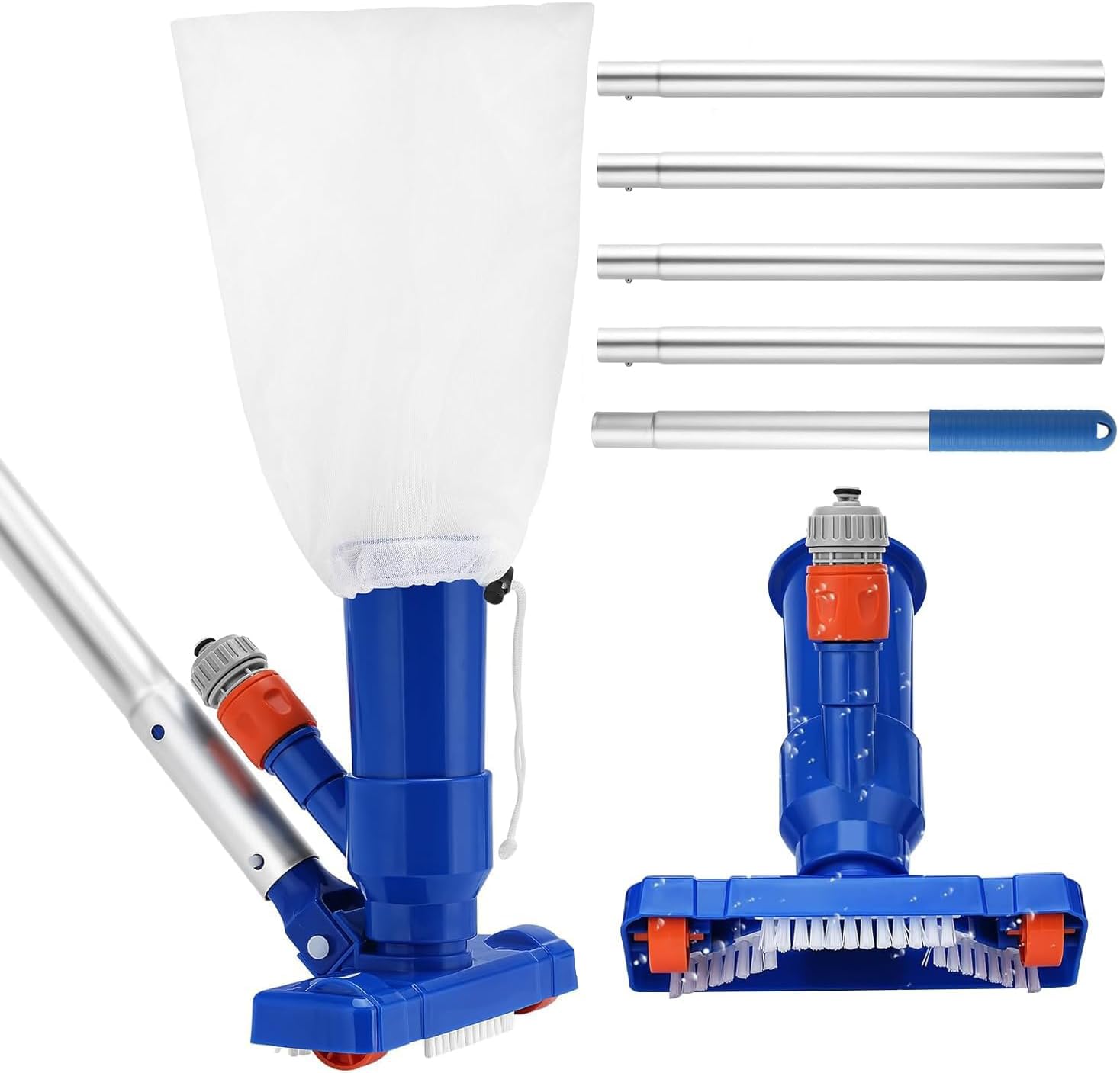Aspirador de Piscina, Aspiradora de Fondo de Piscina Portátil con 180cm mástil, Aspirador de Piscina Manual Pequeña con Cepillo y Bolsa de Malla para Bañera de Hidromasaje de Fuente SPA Piscina