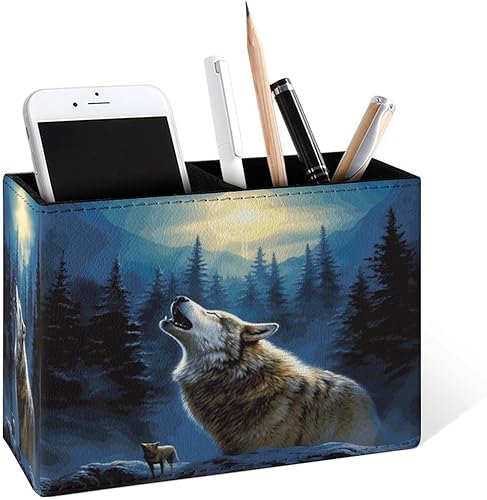 Miniatura 6 de Famame Soporte para lápices de dos ciervos y río de otoño para escritorio, contenedor de escritorio de cuero, para guardar bolígrafos, mesa de Dos