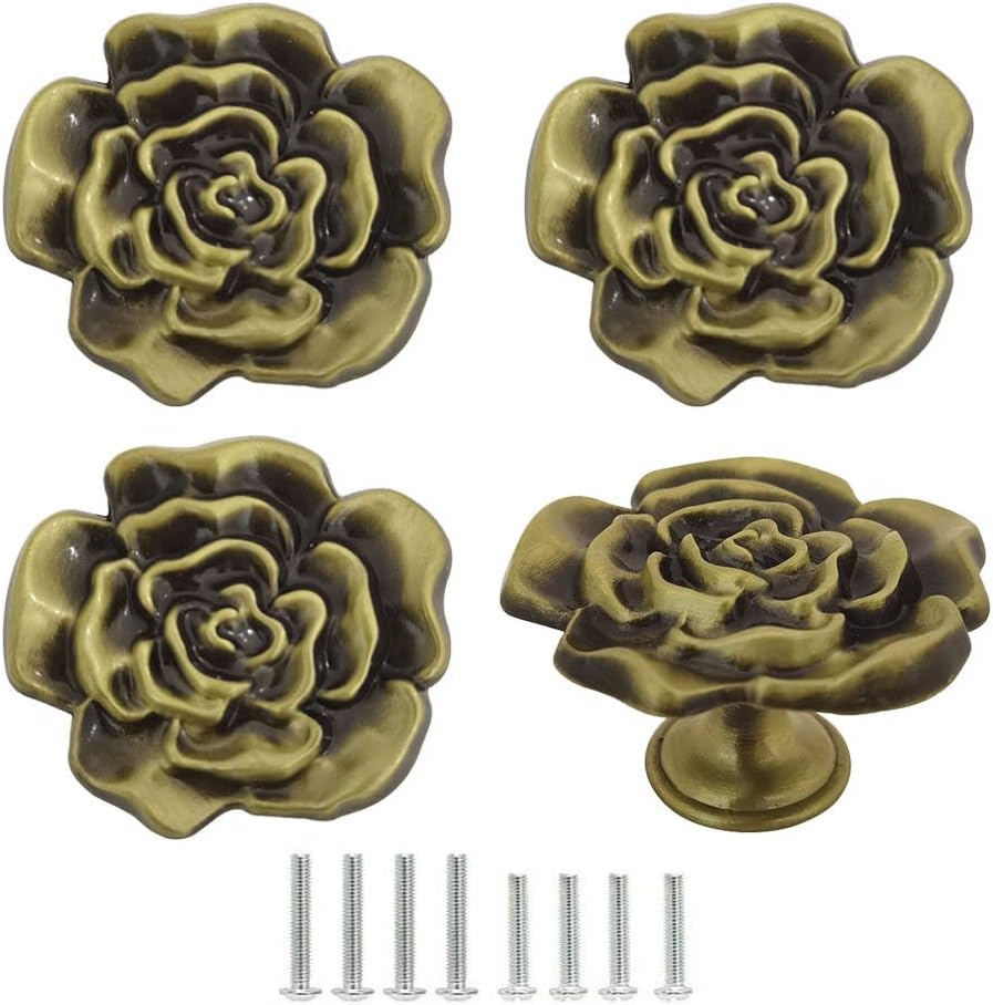 Rose Flower Knobs 4 Pcs Metal Flower Shaped Cabinet Drawer Pulls Zinc Alloy Single Hole Handle with Screws Brone Rose