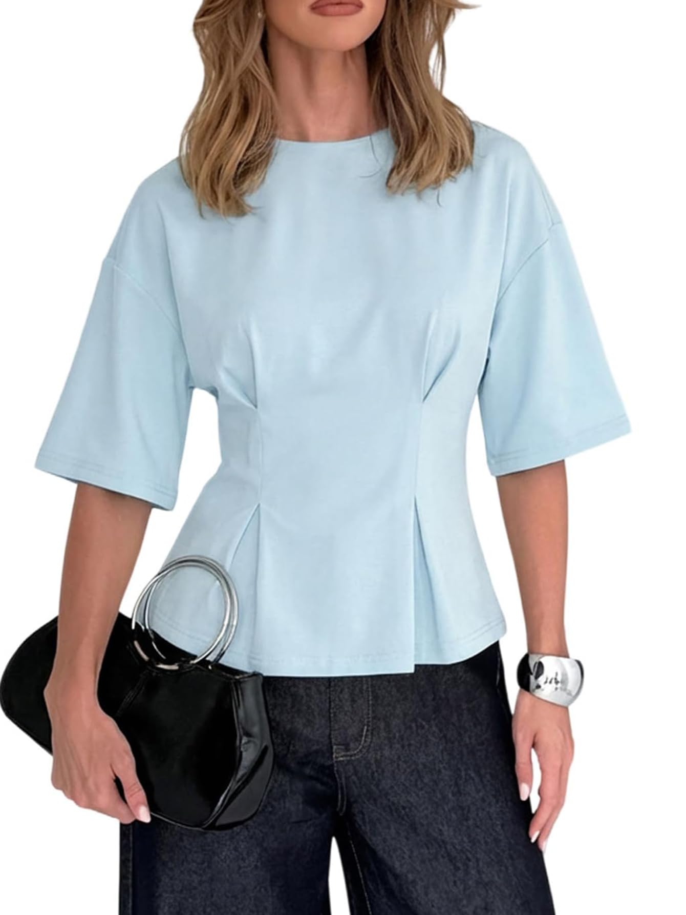Photo 1 of Verdusa Women's Peplum Top Cinched Waist Half Sleeve Crew Neck T Shirts Tops Going Out Blue Small
