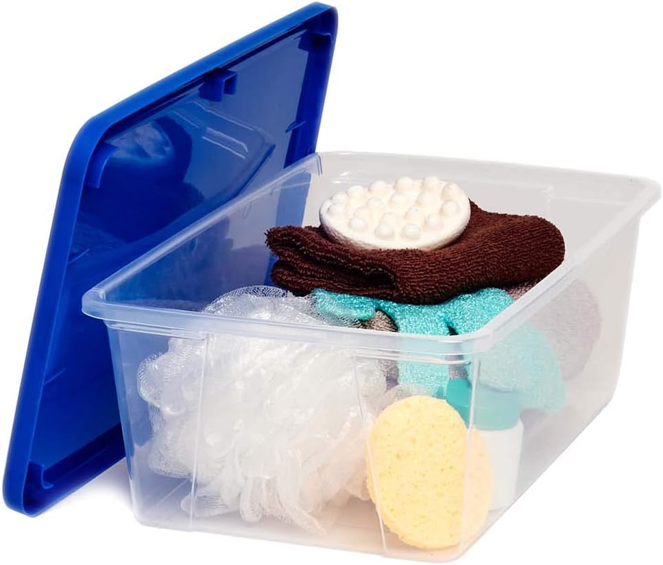 HOMZ Snaplock Clear Plastic Bin 6 Qt./1.5 Gallon | Storage Tote with Secure Lid | for Home, Office, Garage, Dorm Room Organizer | Stackable & Nestable | Blue Lid, Pack of 10