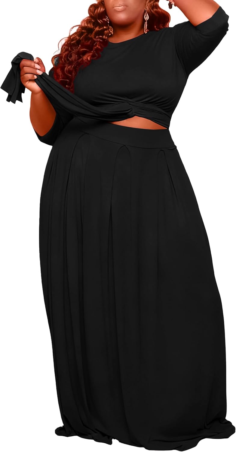 FANDEE Plus Size Women's 2 Piece Outfits Casual 3/4 Sleeve Wrap Crop Top Maxi Long Dress Flowy Matching Sets with Pocket - Image 4