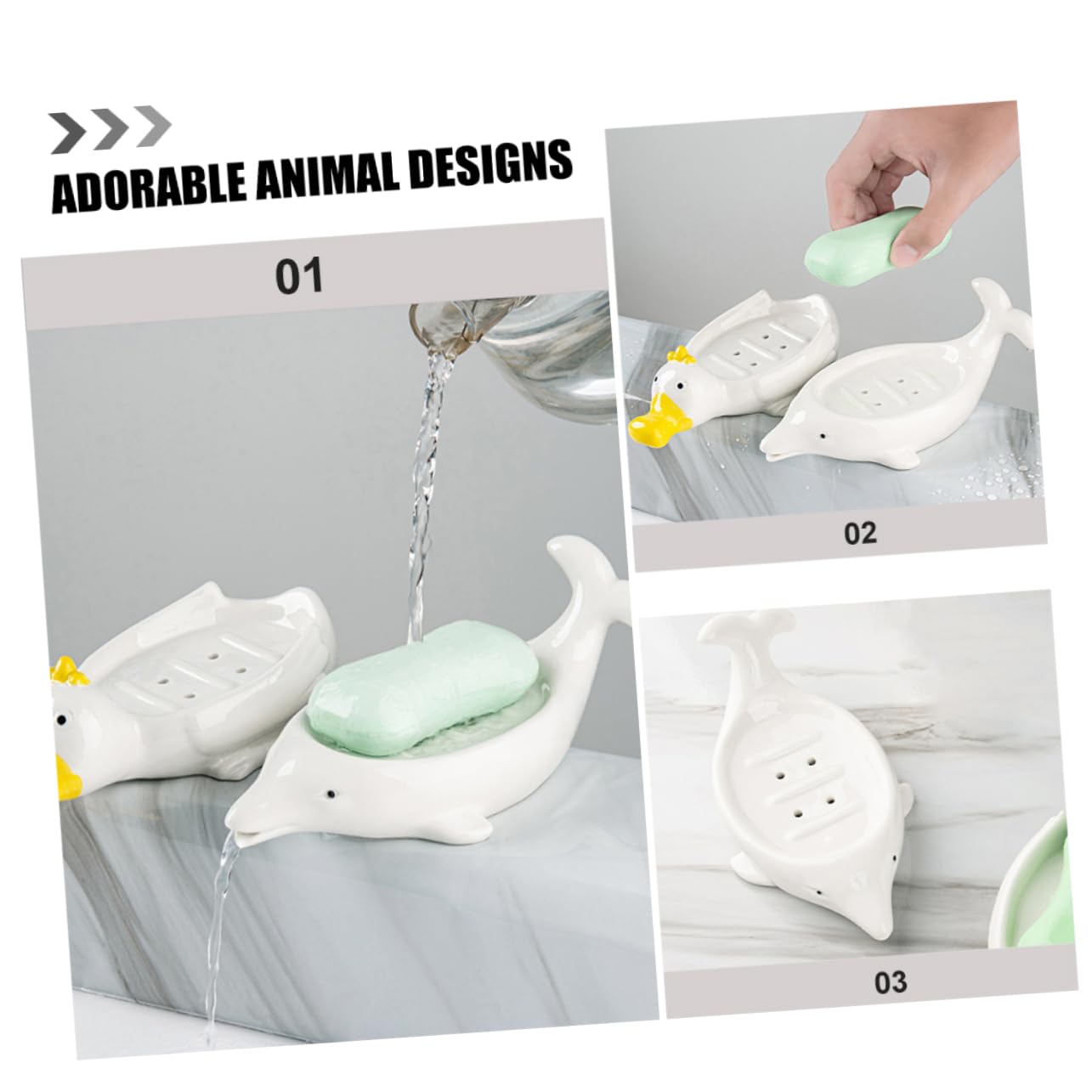 Jabonera de Cerámica Animal Marino Blanco 2 Piezas para Baño | Autodrenaje, Soporte para Esponja y Joyas, Decoración de Aseo, Obsequio de Inauguración