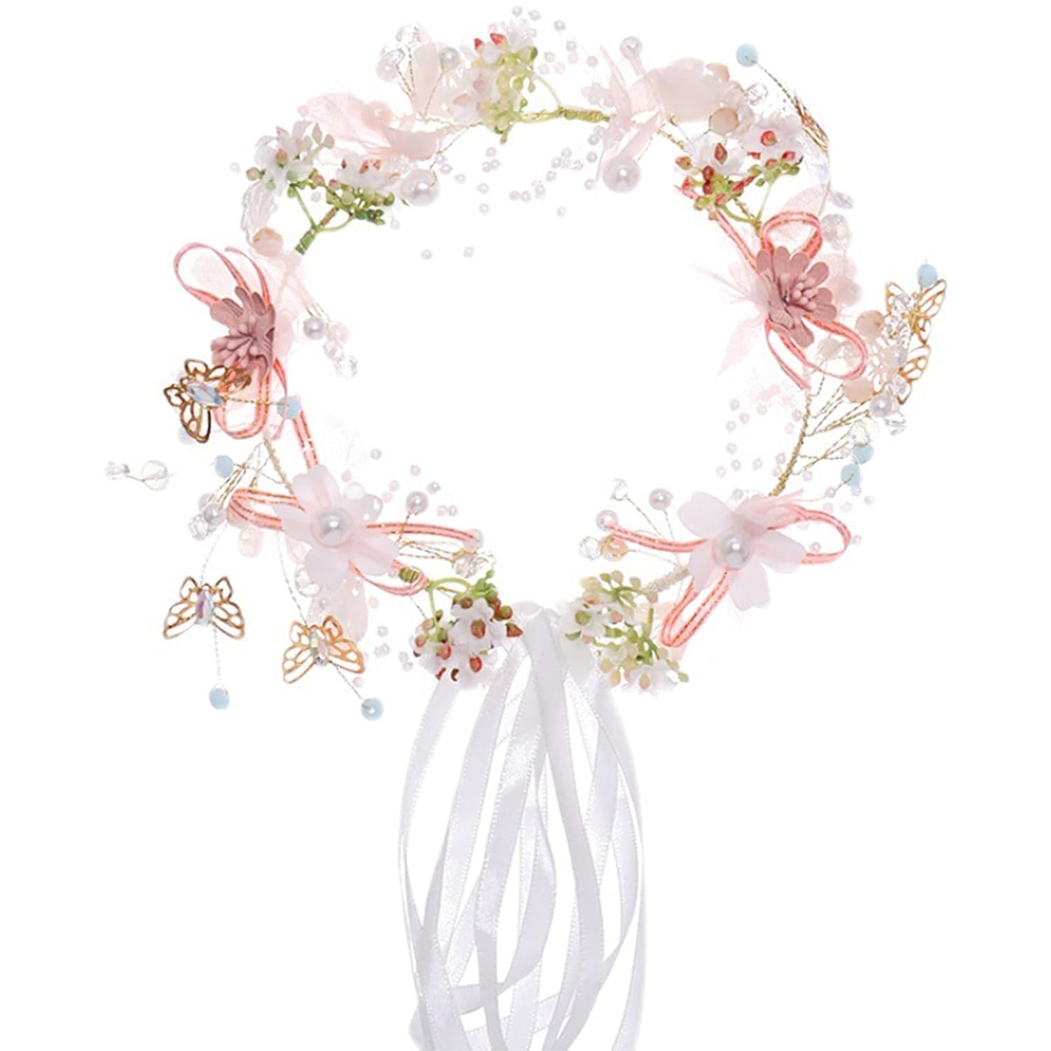 Ever Fairy Princess Flower Crystal Headpiece Girls Rhinestone Pearl Headband Women Wedding Floral Hairband Bridal Hair Accessories Photography for Girls and Women (Pink B) - Image 6