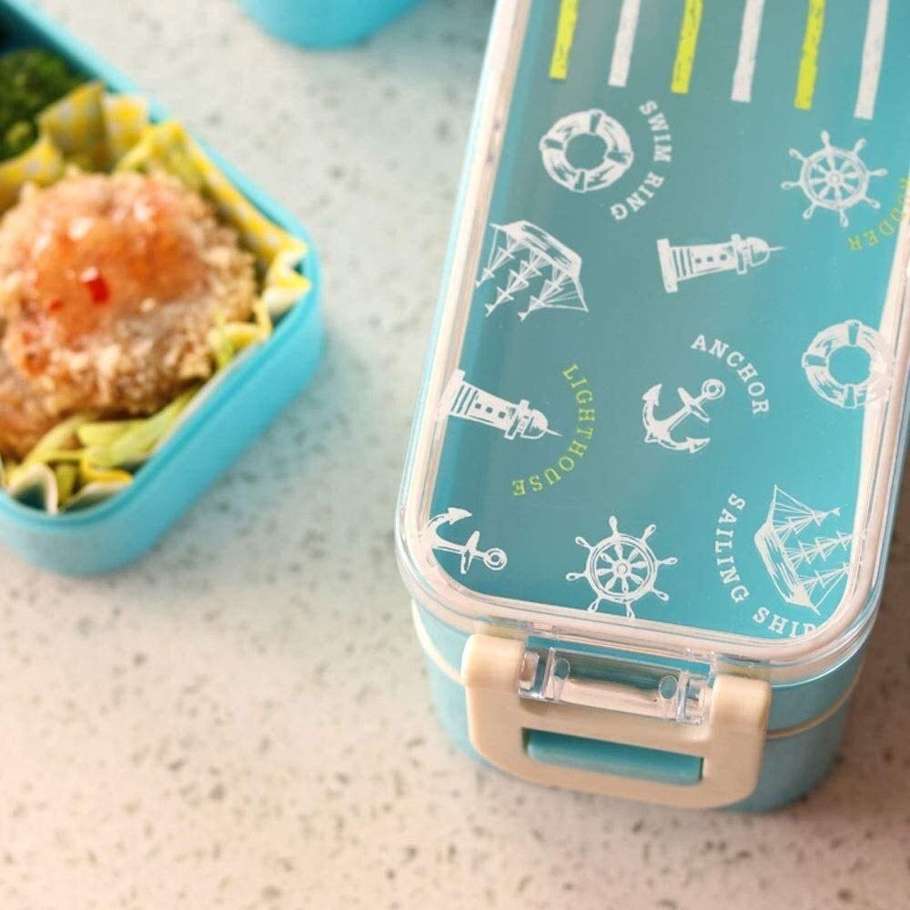 JINGYAN Boîte à bento Boîte à lunch Bento Box 2 Niveaux, de style marine boîte à lunch japonaise à double couche avec bac à glaçons frais de maintien - Micro-ondes et lave-vaisselle - Bleu Pastel