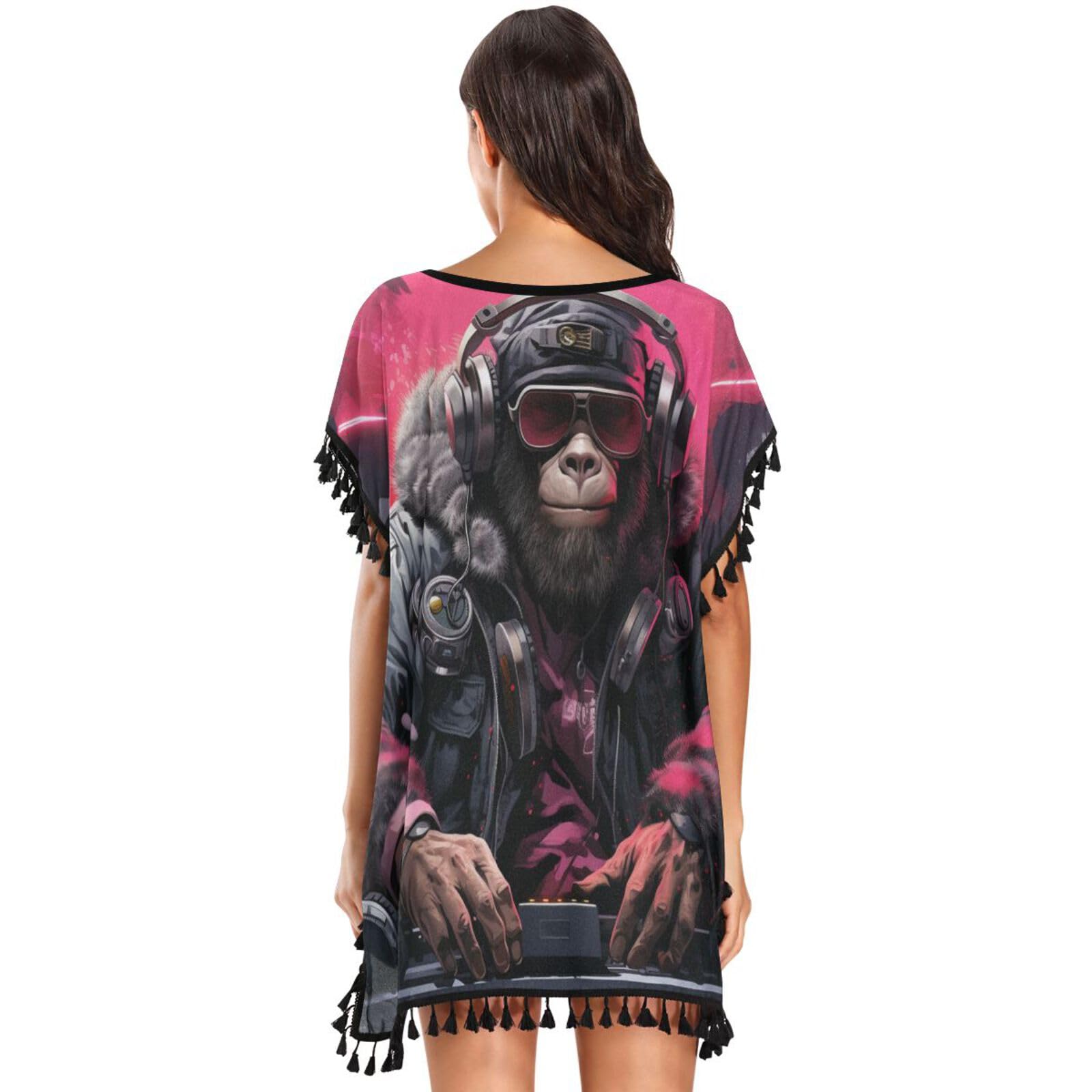 Cool Dj Gorilla Art Women's Beach Cover Up Chiffon Tassel Swimwear Swimsuit Coverups for Girl