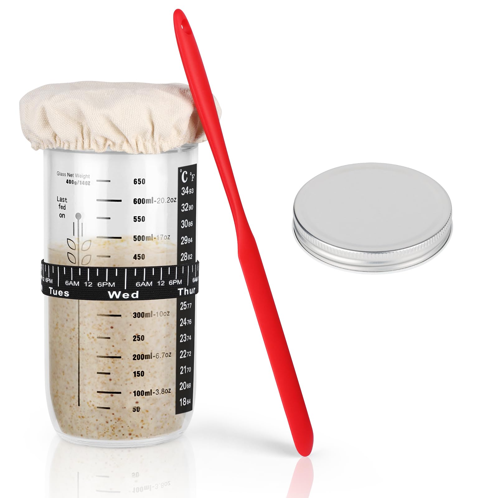 Tarro Masa Madre 730ml Kit Inicio Premium Medidor Crecimiento Termometro Adhesivo Tela Transpirable