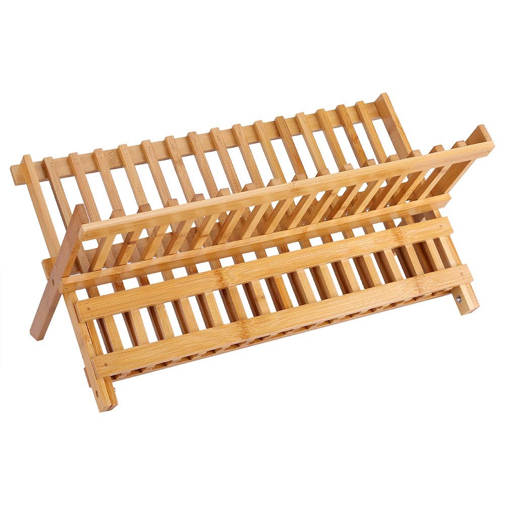 Grande scolapiatti in bambù a 2 ripiani, 45 x 19 x 21 cm, perfetto per asciugare piatti e bicchieri, ecologico, design robusto ed elegante