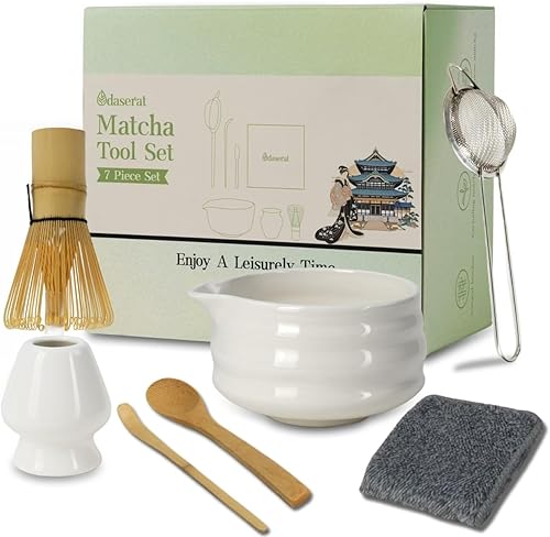 Juego de batidor de matcha, kit de 7 piezas, juego de matcha de cerámica premium, batidor y cuenco, tamiz, soporte para tazas, cuchara de bambú,